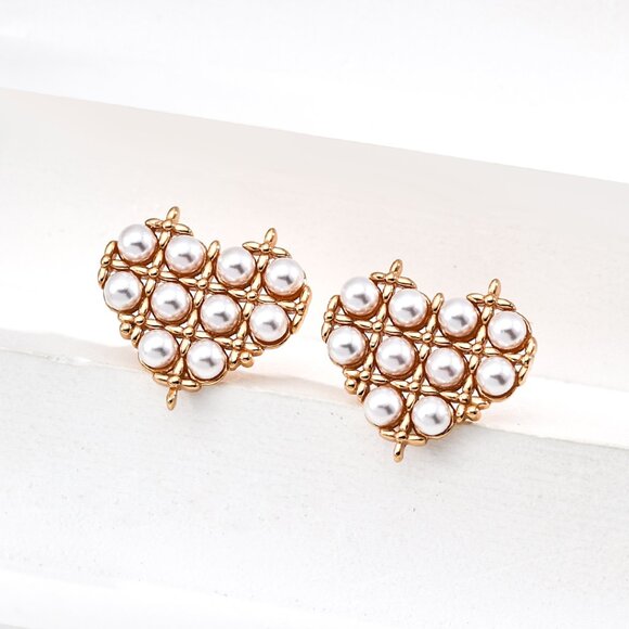 ❤️ Artisan Original Design Woven Pearl Heart Stud Earrings | Sterling Silver - Picture 1 of 10